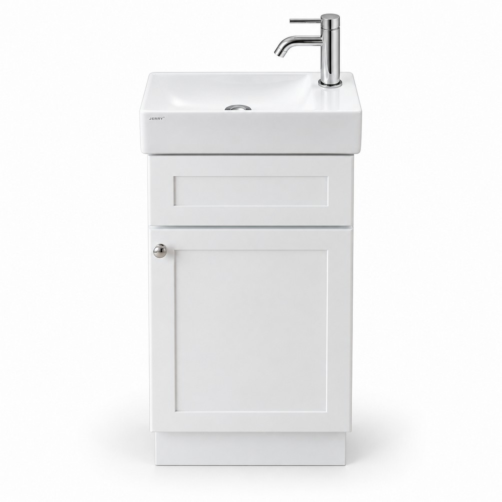 White Mini Freestanding Vanity 450mm with ceramic basin – front view