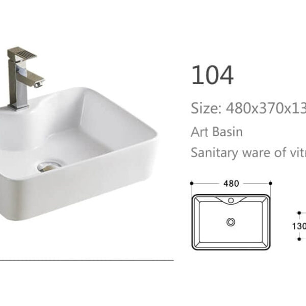 Rectangular art basin with dimensions and technical drawing.