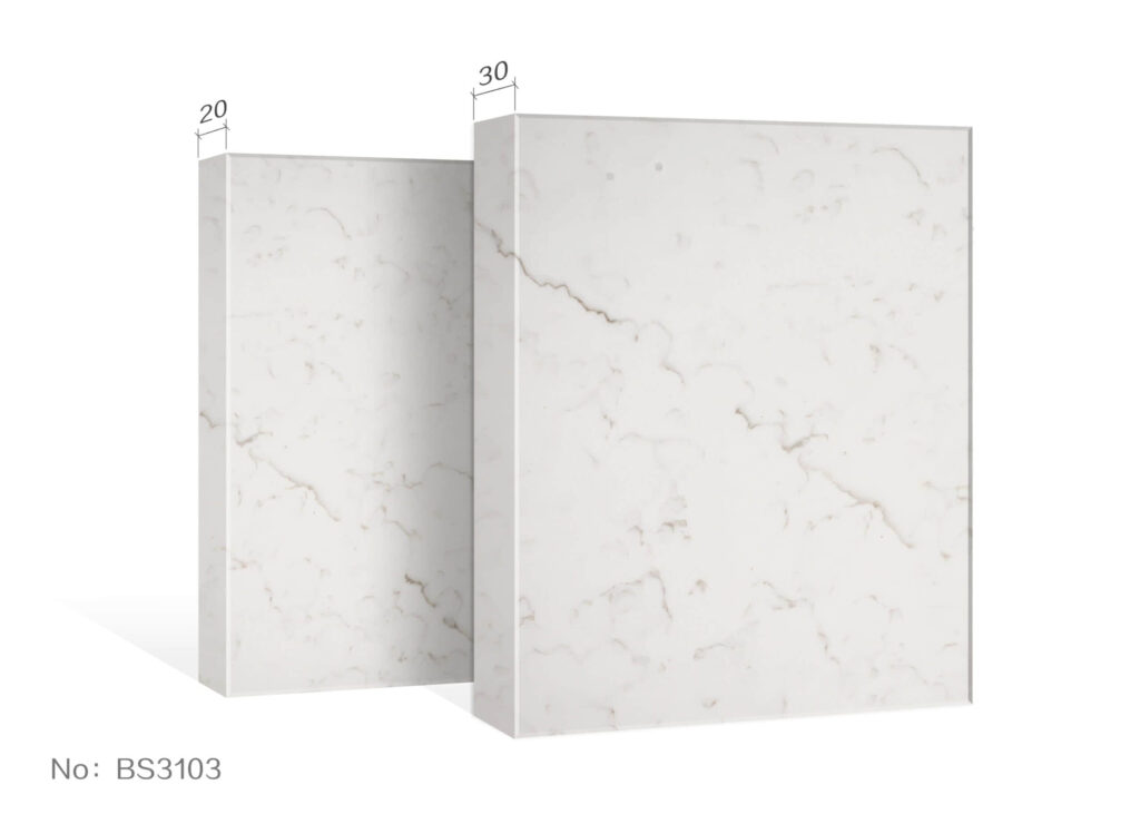 Marble-patterned kitchen countertop slabs with dimensions labeled.