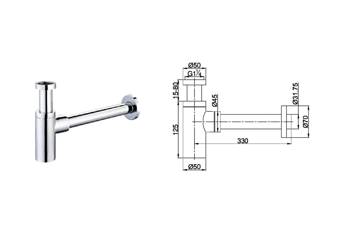 Chrome bottle trap with technical dimensions.