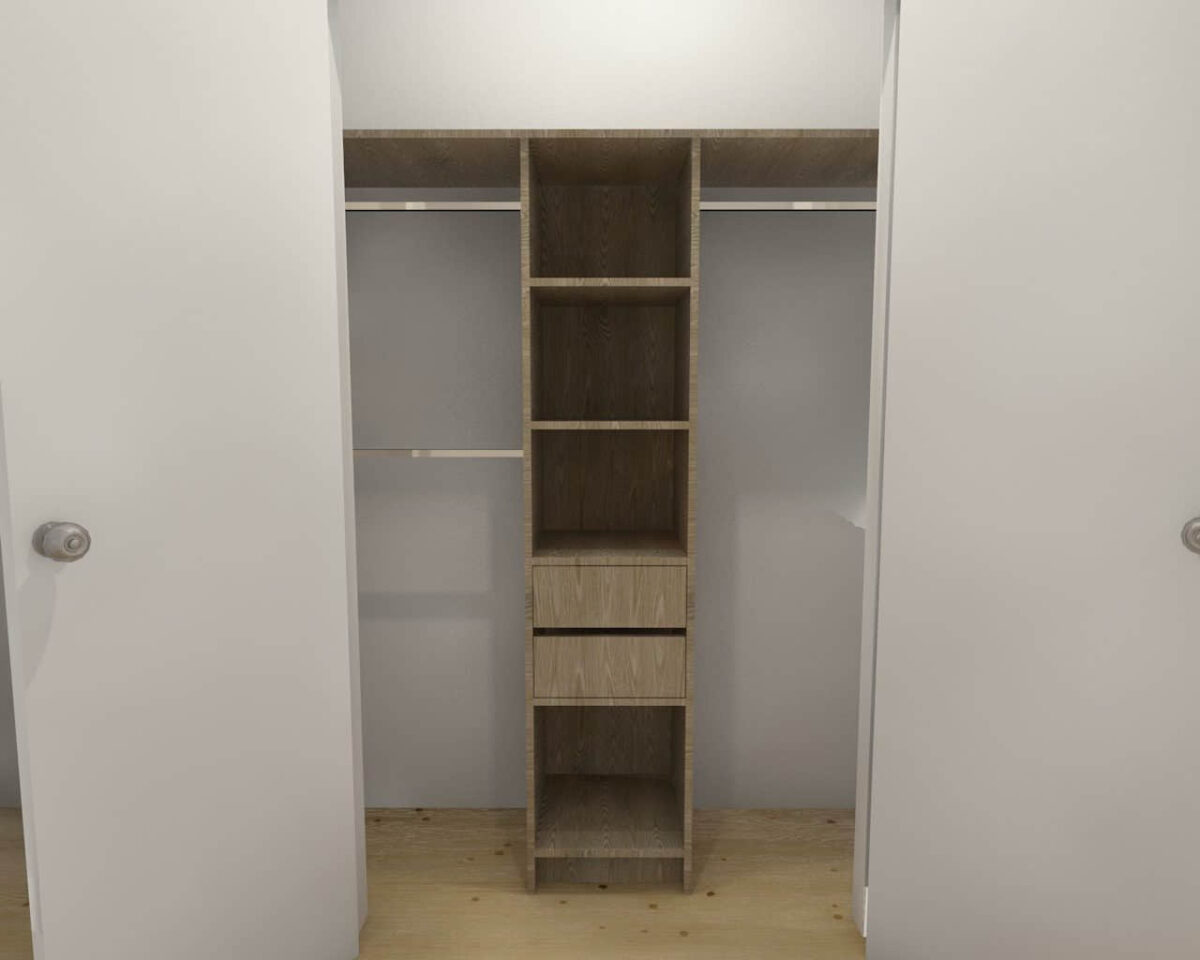 Wooden closet with shelves and drawers in a bedroom.