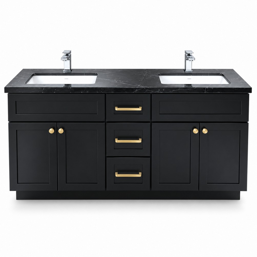 Black Freestanding Vanity 1500mm Black Marble Top – Solid Wood – front view