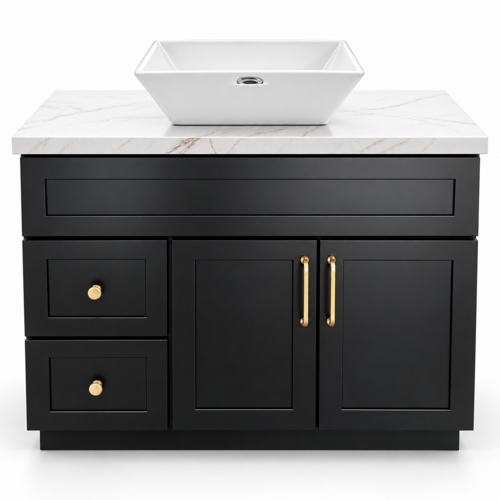 Black Freestanding Vanity 900mm Top Mount Basin – Solid Wood – front product view