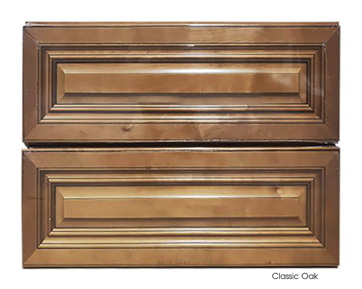 Classic oak vanity with two paneled drawers.
