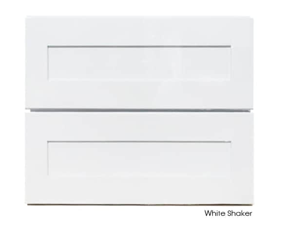 White shaker style vanity cabinet with two drawers.