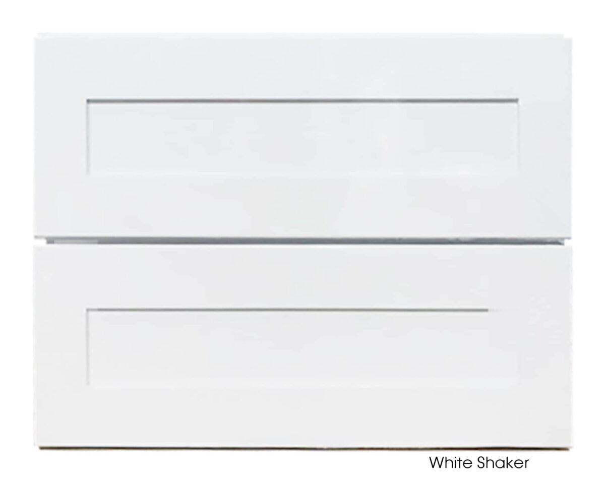 White shaker vanity cabinet with two drawers.