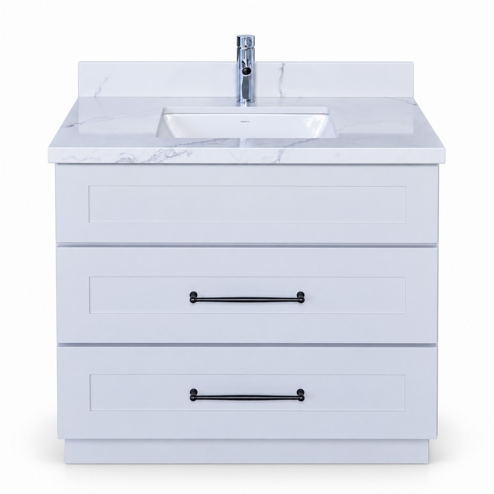White Freestanding Vanity 900mm with Drawers – Solid Wood – front product view