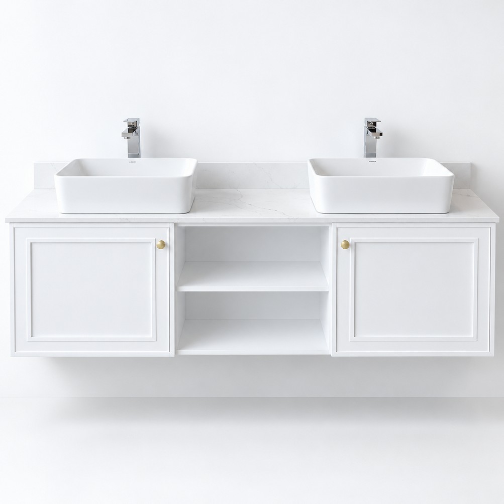 White Wall Hung Vanity 1800mm – Solid Wood – front view