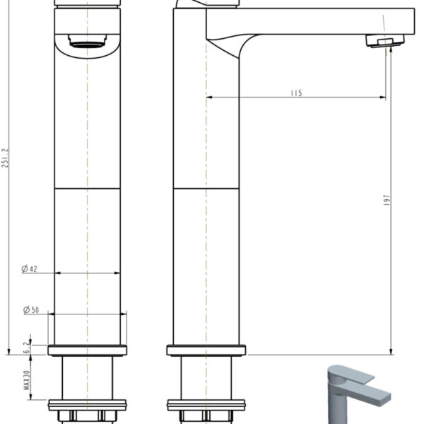 Technical drawing of a kitchen faucet with dimensions.