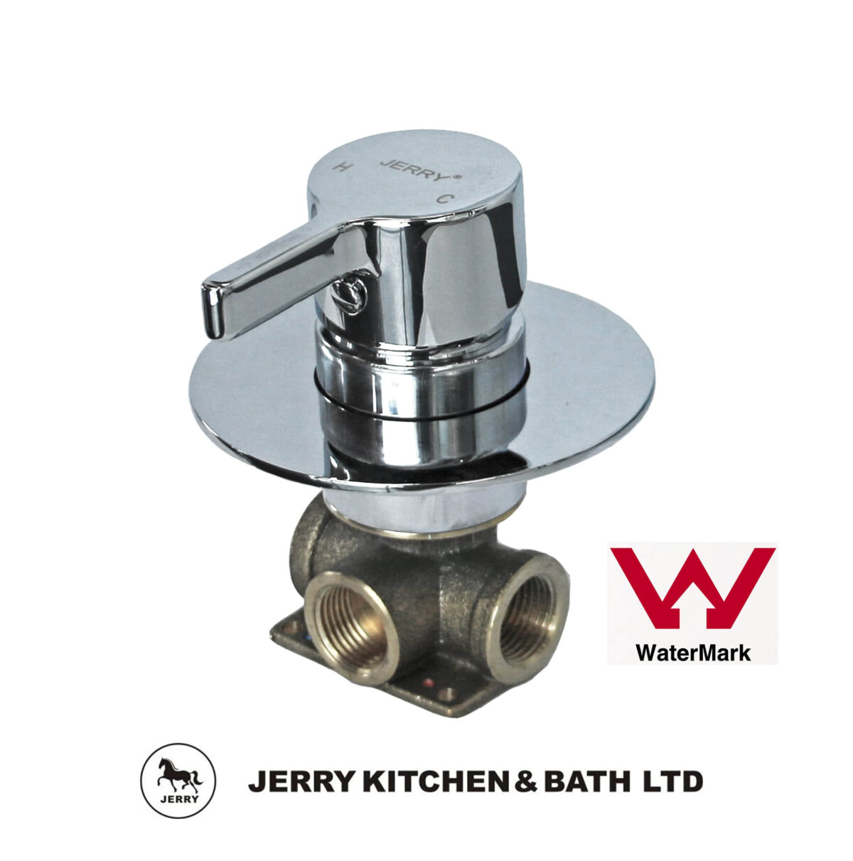 11K-003logo Chrome faucet valve with Jerry Kitchen & Bath Ltd logo and WaterMark certification.