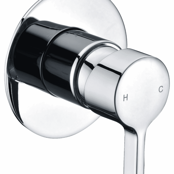 Chrome shower mixer with hot and cold settings.