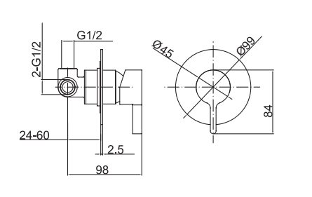 Technical diagram of a wall-mounted kitchen faucet with measurements.
