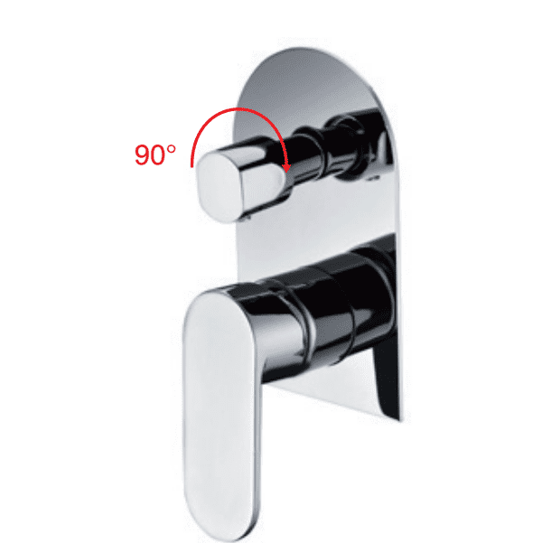 Chrome shower mixer with 90-degree rotation handle.