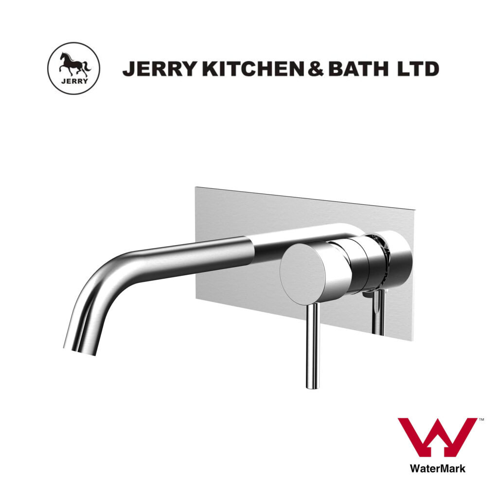 Wall-mounted stainless steel faucet by Jerry Kitchen & Bath Ltd, WaterMark certified.