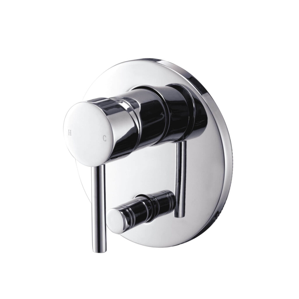 Chrome shower mixer with dual handles for hot and cold water.