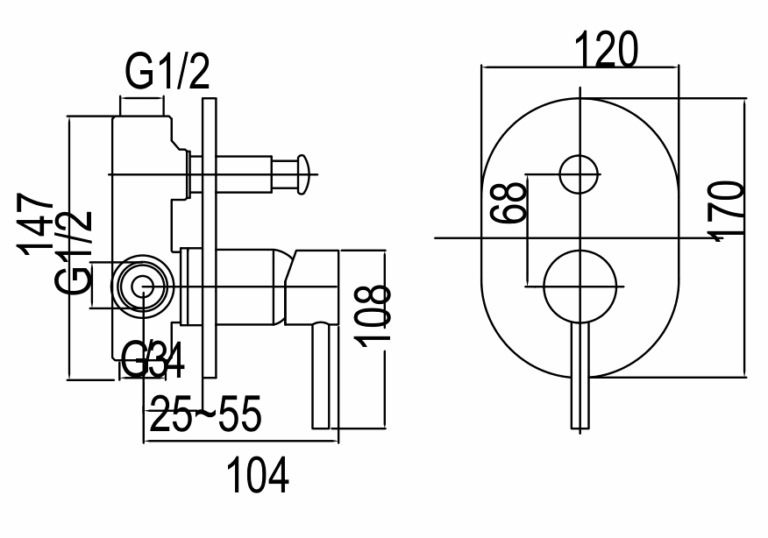Technical drawing of a G1/2 valve with dimensions.