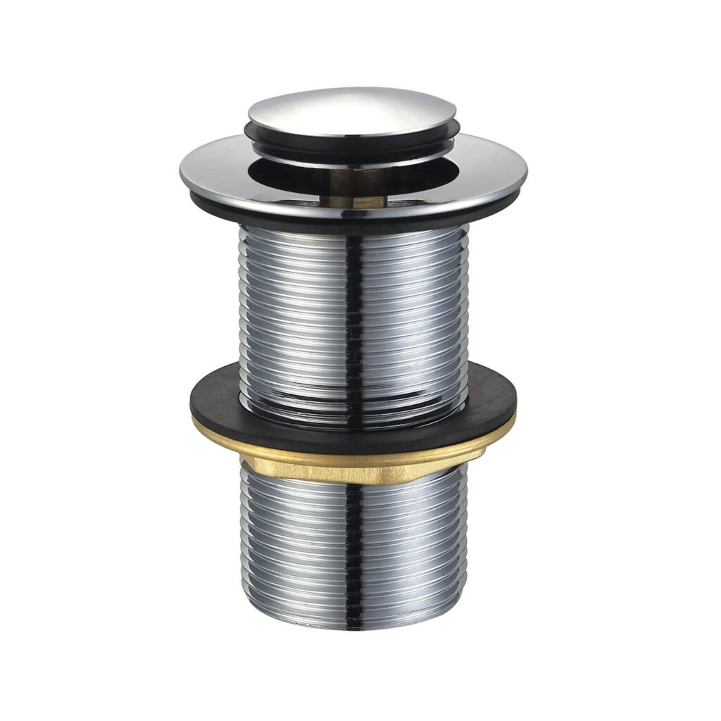 Chrome pop-up drain assembly for bathroom sink.