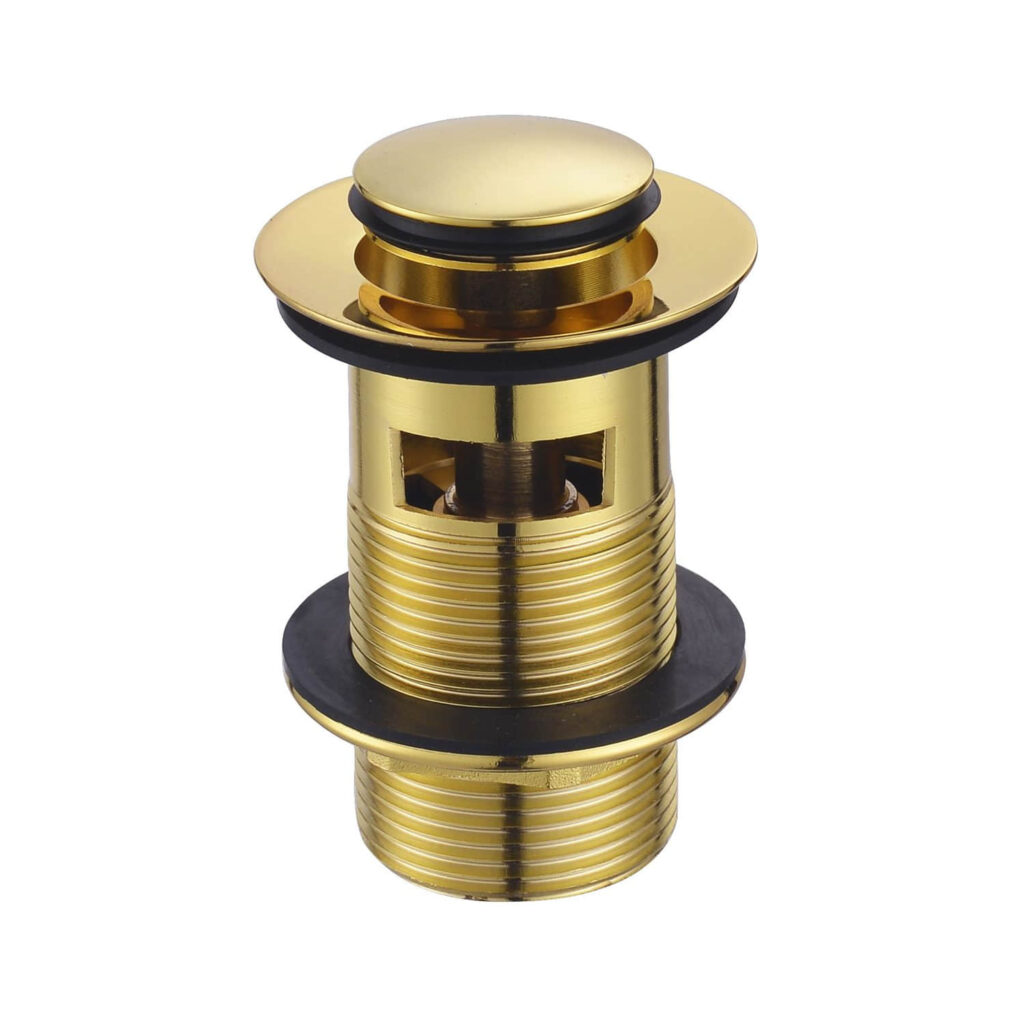 Gold pop-up drain stopper for bathroom sink.