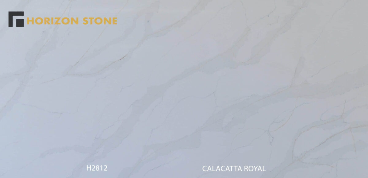 Engineered stone slab with Calacatta Royal pattern, light gray veining.