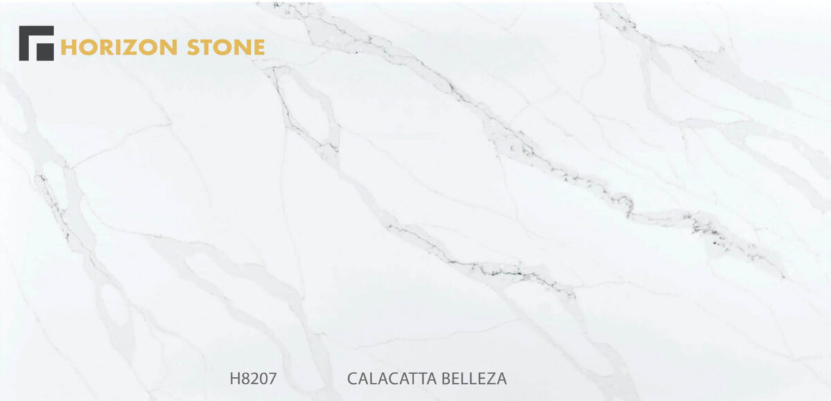 Calacatta Belleza engineered stone slab with gray veining, labeled H8207.