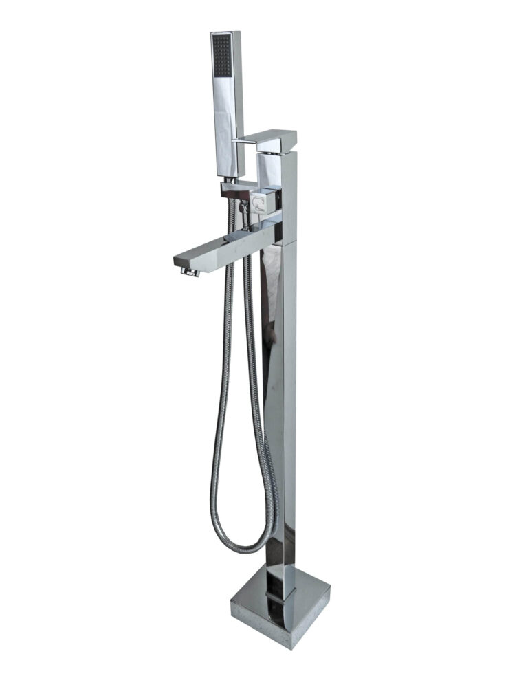 Freestanding chrome bathtub faucet with handheld shower attachment.