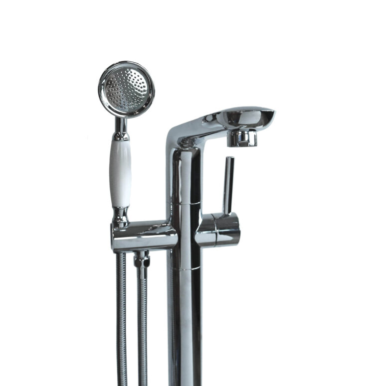 Freestanding chrome bathtub faucet with handheld shower attachment.