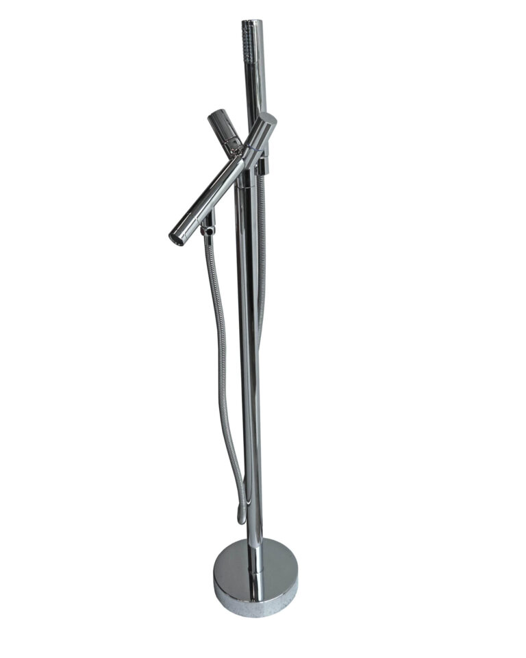 Freestanding chrome shower faucet with handheld attachment.