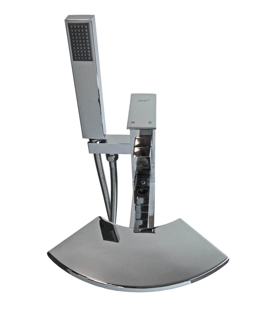 Modern chrome kitchen faucet with detachable spray head.