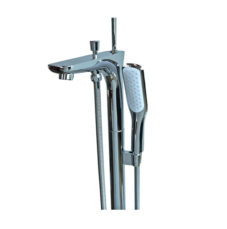 Freestanding chrome bathtub faucet with handheld shower attachment.