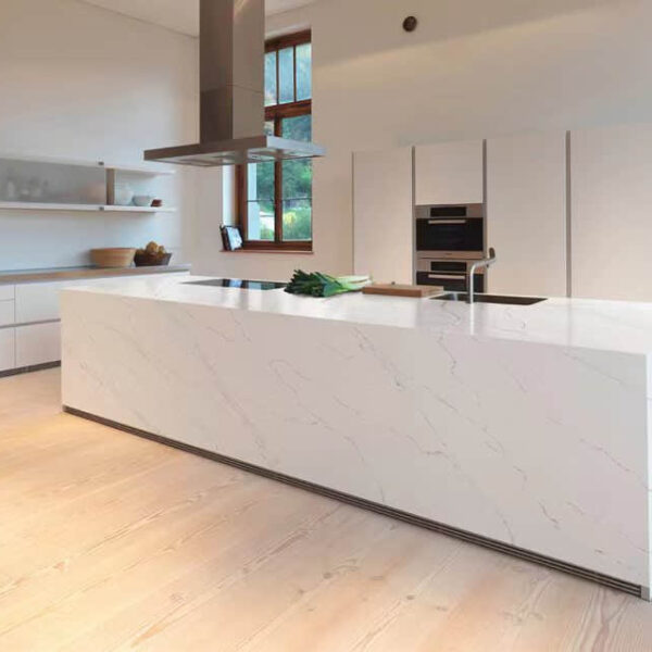Modern kitchen with marble island and built-in appliances.