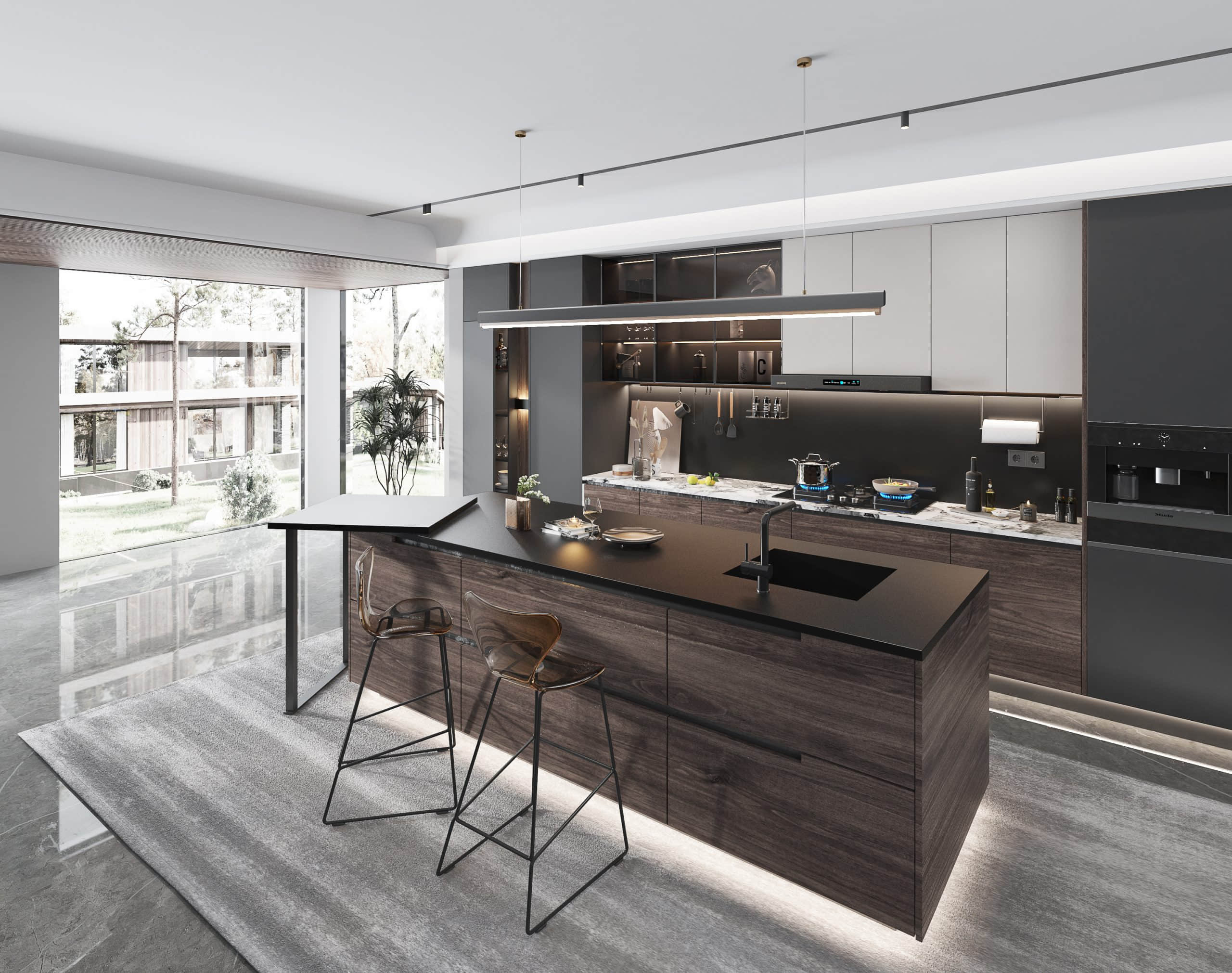 Modern kitchen with pure black countertop and bar stools.