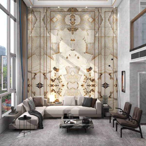 Luxurious living room with marble accent wall and modern furniture.