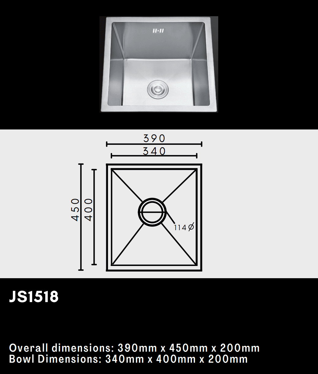 Stainless steel kitchen sink with dimensions and diagram.