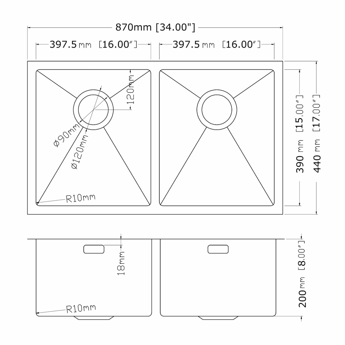 Double kitchen sink dimensions with detailed measurements in millimeters and inches.