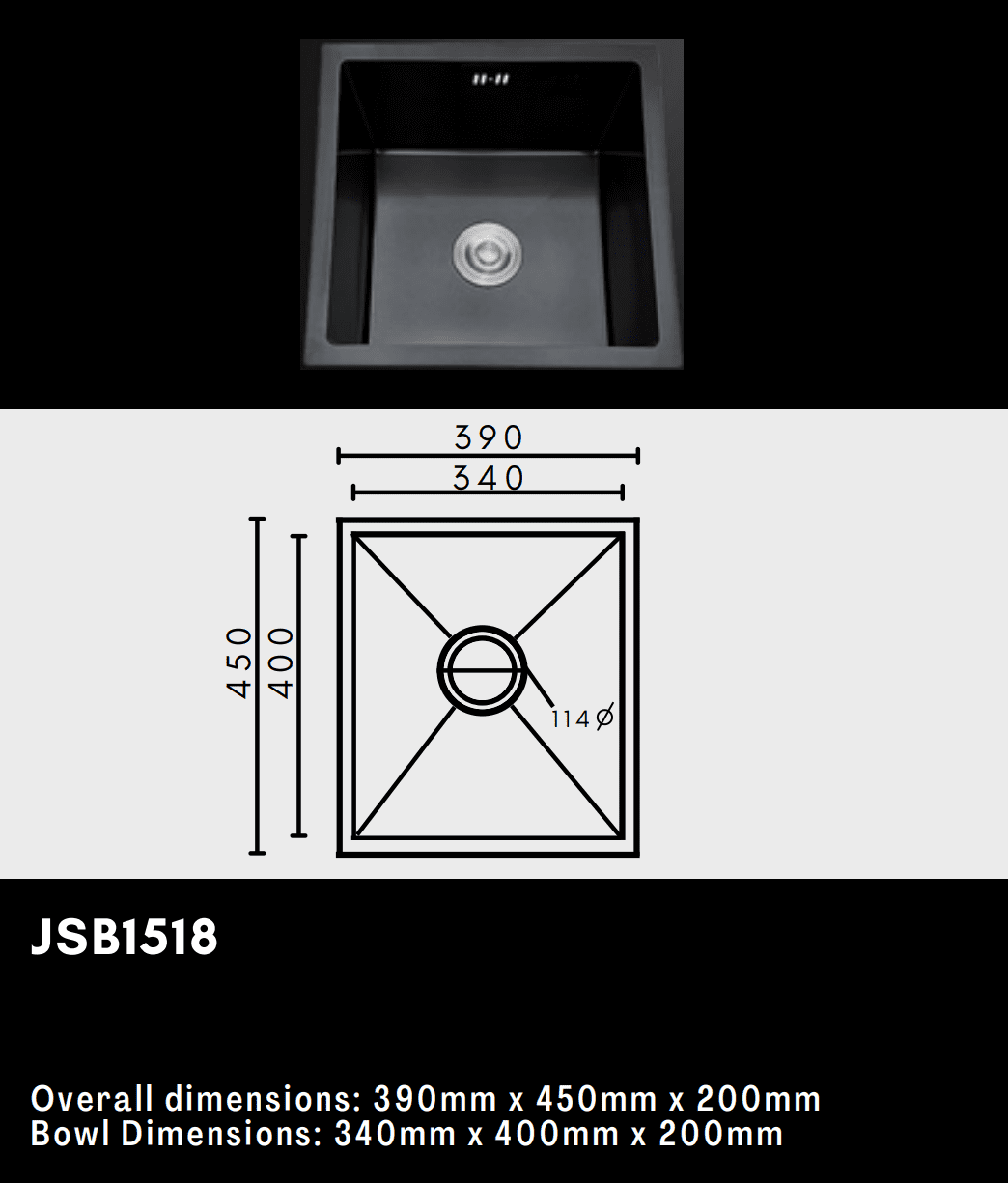 Black kitchen sink with dimensions and diagram