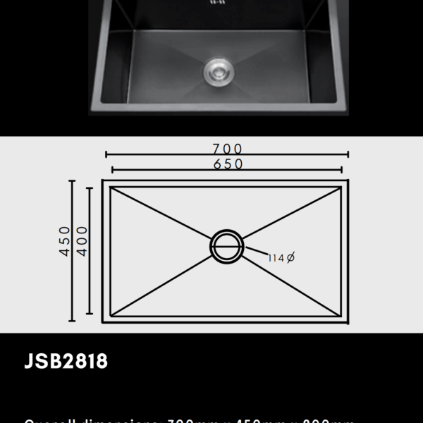 Stainless steel kitchen sink with dimensions and diagram.