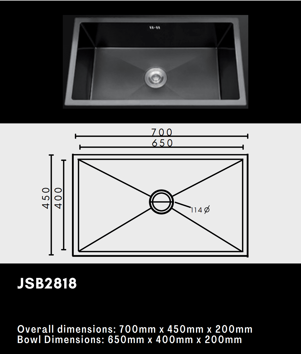 Stainless steel kitchen sink with dimensions and diagram.