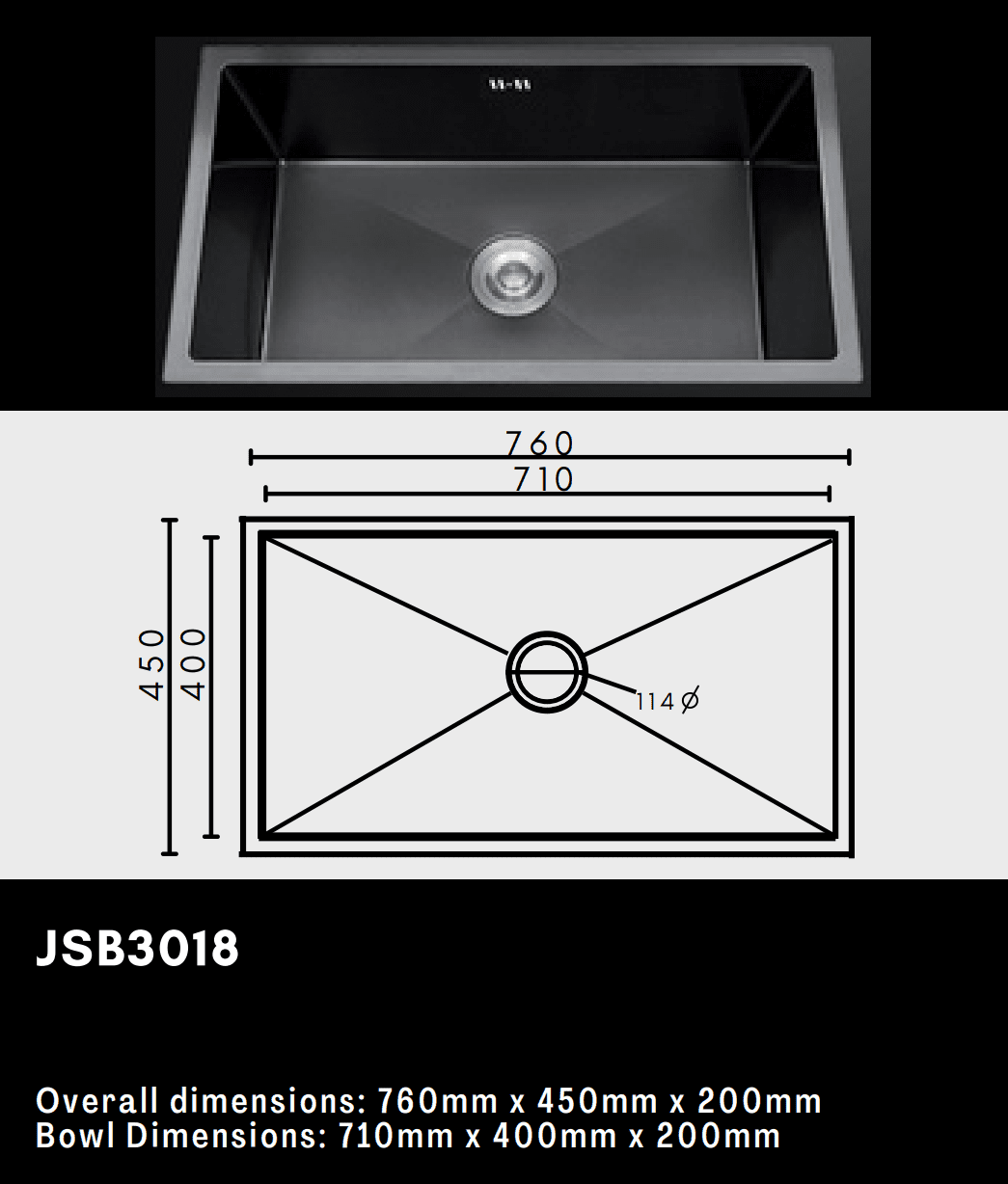 Stainless steel kitchen sink with dimensions and model number JSB3018.