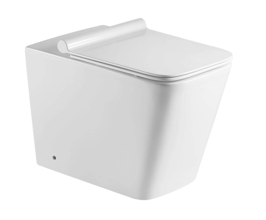 Modern white toilet with sleek design.