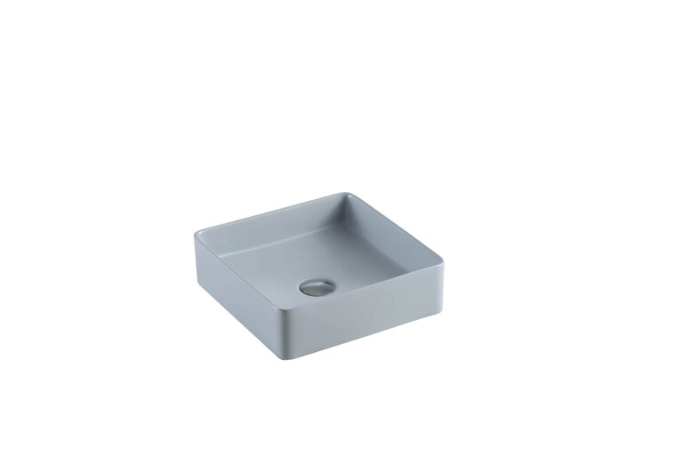 Square gray ceramic bathroom sink on white background.