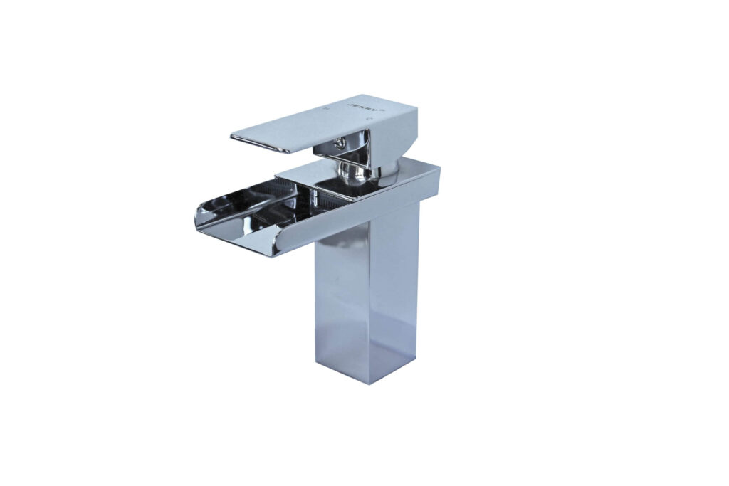 Modern chrome kitchen faucet with a sleek, minimalist design.