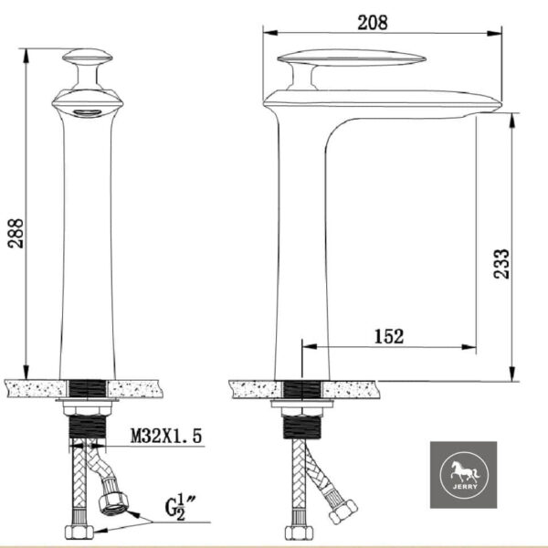 Technical drawing of a kitchen faucet with dimensions and installation details.