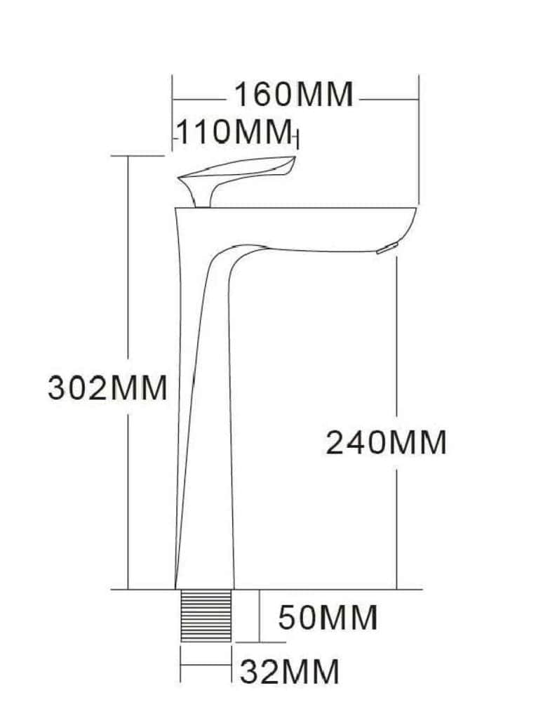 Diagram of a tall kitchen faucet with measurements in millimeters.