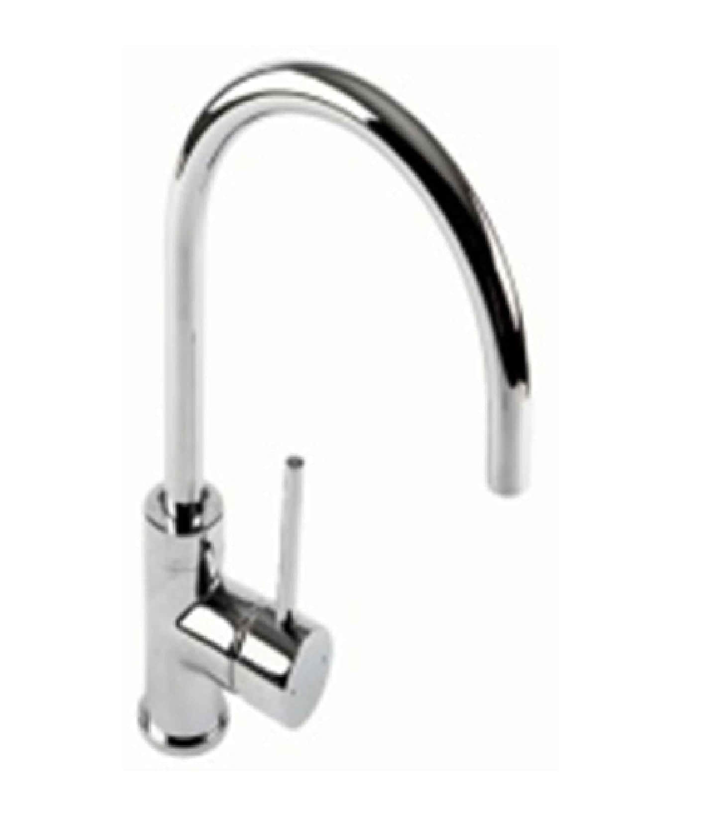 Chrome gooseneck kitchen faucet with single lever handle and sleek design