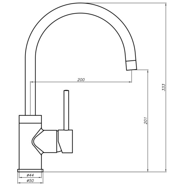Technical drawing of a kitchen faucet with dimensions.
