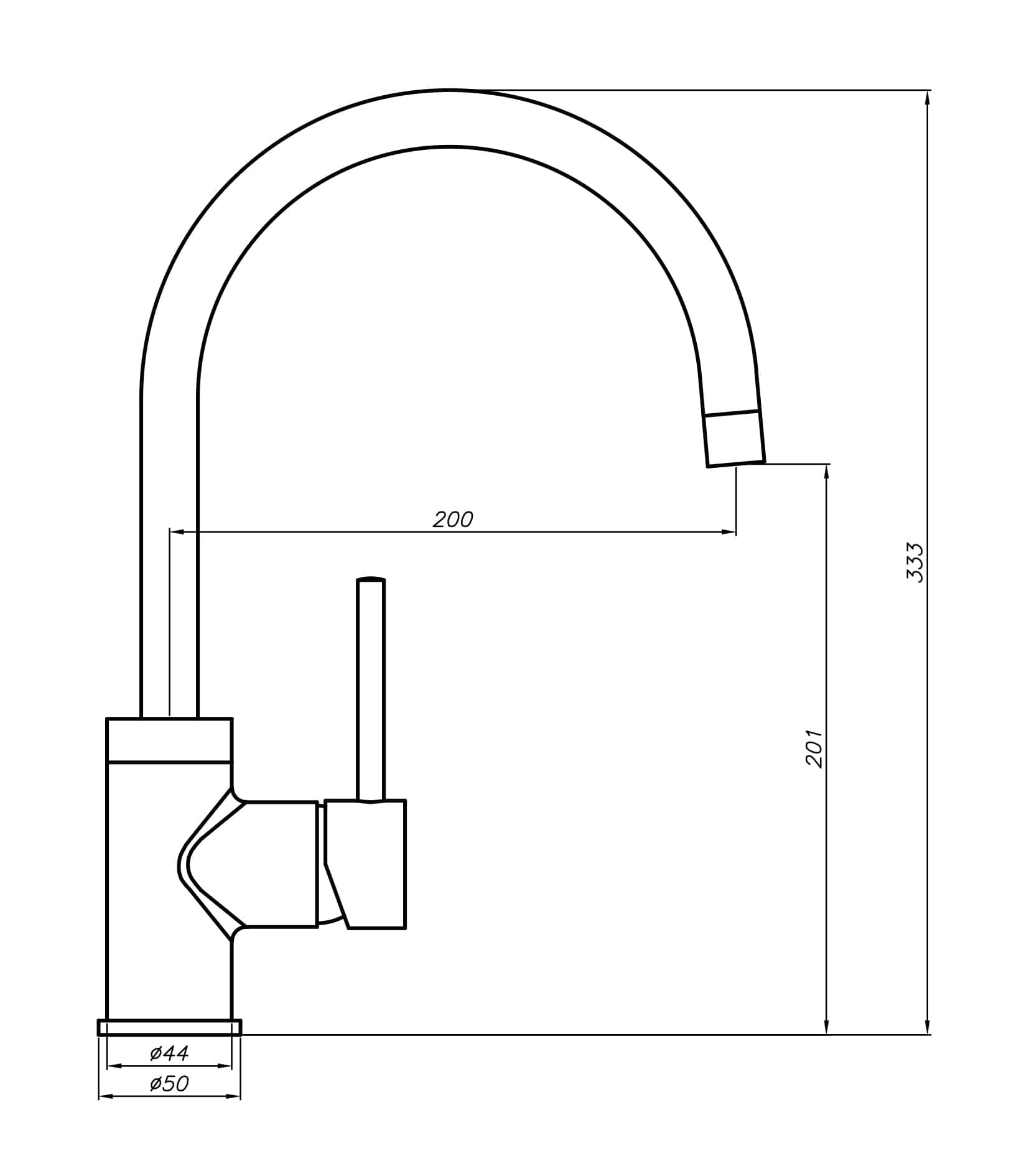 Technical drawing of a kitchen faucet with dimensions.