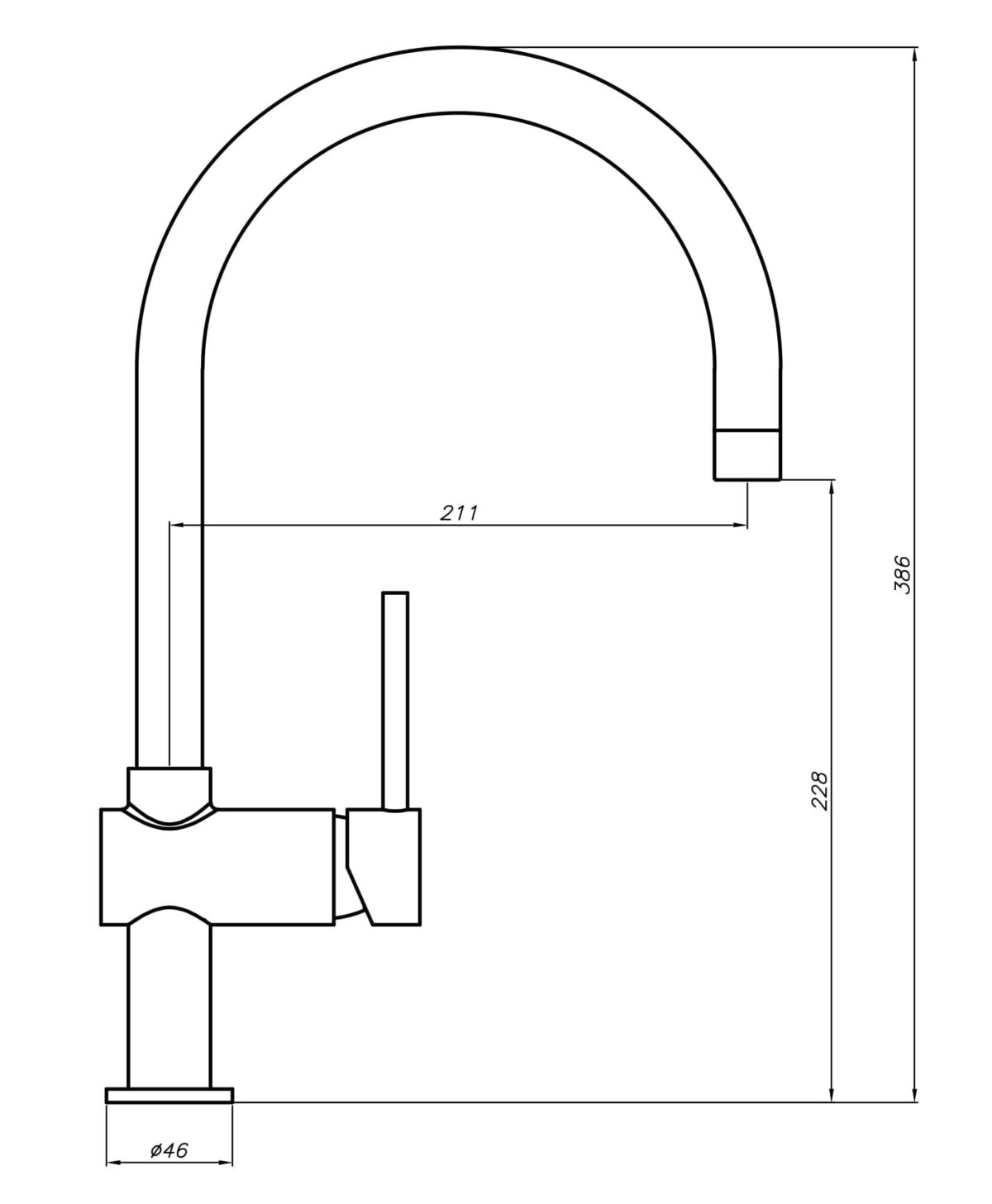 Line drawing of a kitchen faucet with measurements.