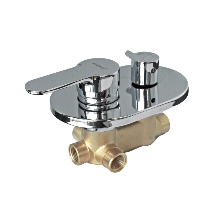 Chrome shower mixer with dual handles and brass fittings.