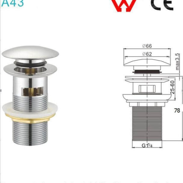 Stainless steel pop-up waste with technical diagram and dimensions.
