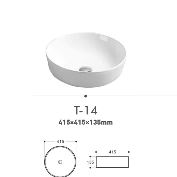 White round bathroom sink with dimensions 415x415x135mm.